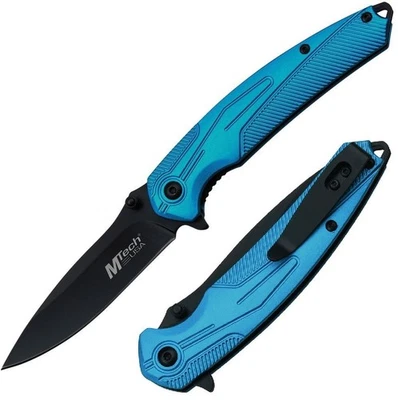 Cuchillo Plegable Asistido MTech 3.5" Negro 3Cr13 Hoja de Acero Azul Mango de Aluminio Foto 1 de 4