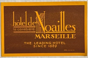 Etiqueta de equipaje vintage Art Deco Hotel de Noailles Marsella Francia sin usar - Imagen 1 de 4
