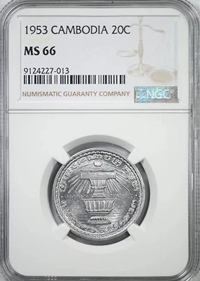 1953 年柬埔寨 20 美分 NGC 评级 MS66 — 第 1/4 张图片