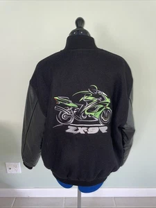 Vintage Team Kawasaki Motorsport schwarz Wolle schwarz Leder Letterman Jacke Gr. M - Bild 1 von 8