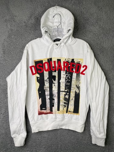 Dsquared2 Hoodie Mens XS White Spellout Terry Cloth Cotton Pullover