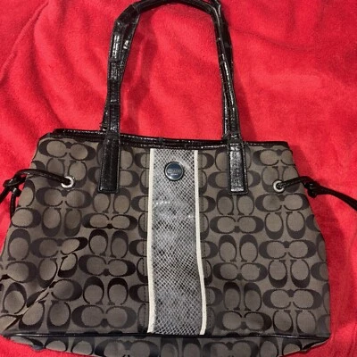 Coach F24882 Black Signature Python Print Stripe Tote Womens Ladies Bag Purse - Image 1 of 4