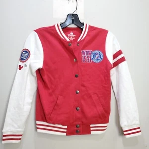 Disney Parks Jacket Girls Medium Red White Varsity Mickey Mouse Patched Vintage - Picture 1 of 16