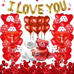Valentines Day Balloons Decor 49 Pcs I Love You Balloons and Teddy LoveBear Red - Picture 1 of 11