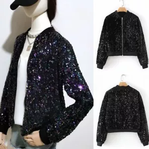 Womens Sequin Glitter Clubbing Party Bomber Jacket Festival Biker Coat Top Zip - Picture 1 of 16