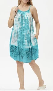 Women Summer Teal & White Tie-Dye Marine Cami-Strap Pocket Shift Dress - Hippie - Picture 1 of 1