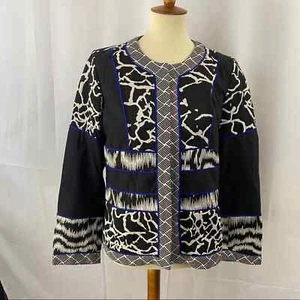 Chico's Artisan Jacquard Blocked Pattern Jacket No Two Are Alike Blue Piping NWT - Picture 1 of 12