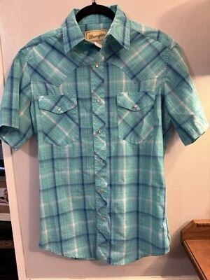 Camisa occidental Wrangler Pearl Snap pequeña verde azul a cuadros Foto 1 de 4