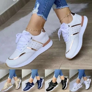 Womens Lace Up Trainers Ladies Running Comfy Fitness Gym Flat Sports Shoes Size - Picture 1 of 23