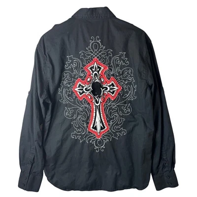 Attitude Studded Button Down Shirt Mens L Y2K Black Cross Embroidered Halloween  - Image 1 of 4