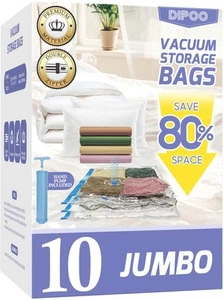 10 Pack Jumbo Vacuum Storage Bags with Hand Pump 80% Storage Space Saving Sturdy - Picture 1 of 7