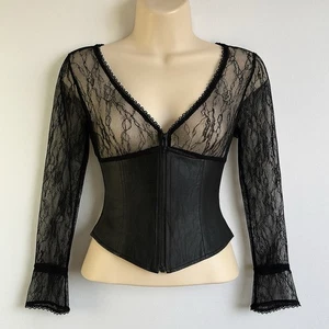 Whimsigoth Black Leather Zip Corset Top Lace Long Sleeve Sz M Dark Romantic READ - Picture 1 of 13