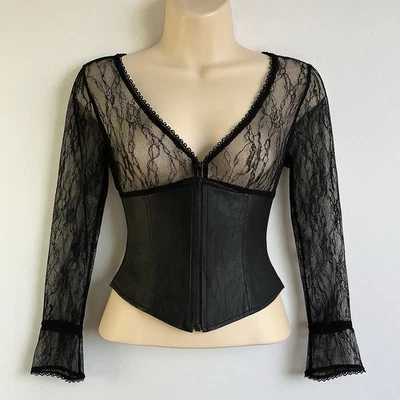 Whimsigoth Black Leather Zip Corset Top Lace Long Sleeve Sz M Dark Romantic READ - Image 1 of 4