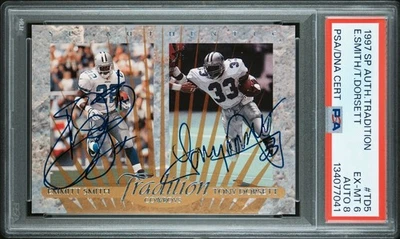 1997 SP Authentic Tradition Emmitt Smith Tony Dorsett On Card Auto PSA cowboys - Image 1 of 4