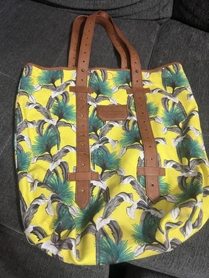 Proenza Schouler Hawaiian Floral Canvas Tote Bag Yellow Black Leather Trim NWOT - Image 1 of 4