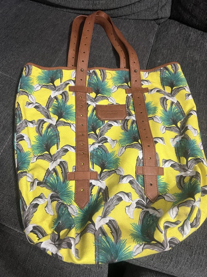 Proenza Schouler Hawaiian Floral Canvas Tote Bag Yellow Black Leather Trim NWOT - Image 1 of 4