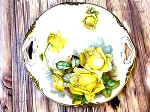 Antique/Vintage Prov Sxe ES Germany Handled Cake Plate Yellow Roses Gold Trim - Picture 1 of 10