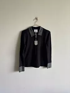 LIV Women Crystal Cuffs Long Sleeve With Beaded Collar Button Down Blouse Black - Picture 1 of 14