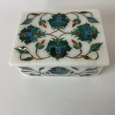 4" x 3" Marble Jewelry Box Semi Precious Stones Inlay Handmade Gifts - Image 1 of 4