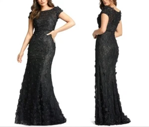 Mac Duggal Womens Floral Appliqu Boat Neck Short Sleeve Gown Black Dress Size 4 - Picture 1 of 19