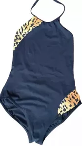 Vtg Gottex Animal Print One Piece Swimsuit Women 12 6 Black Halter Low Back 80s - Picture 1 of 10