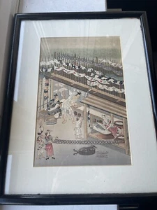 ANTIQUE JAPANESE ORIGINAL PRINT DEPICTS WASH DAY OF THE ERA C1850 FRAMED QUALITY - Picture 1 of 24