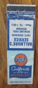 GULF GAS STATION MATCHBOOK: HALLMARK'S SERVICE (HIGHLAND PARK, MICHIGAN) -F11 - Picture 1 of 1