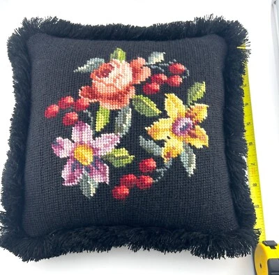Needlepoint Floral Throw Pillow Fringe Grannycore Countrycore Black Cross-stitch - Image 1 of 2