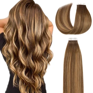 Lacer Tape in Hair Extensions Real Human Hair Seamless Rooted Chocolate Brown to - Picture 1 of 12