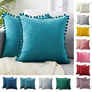 2PC Velvet Cushion Cover POM POM Ball Fringe Decorative Lounge Cushion Covers - Picture 1 of 18