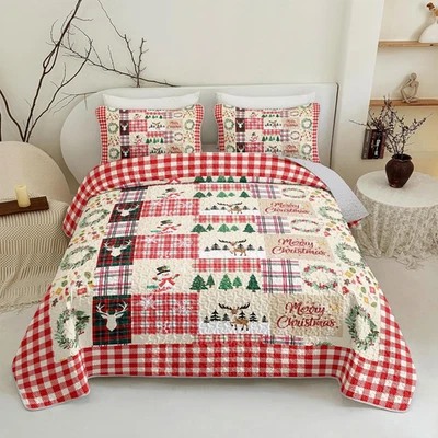Christmas Quilt Set King Size - Plaid Patchwork Bedding with Reindeer and Snowfl - Image 1 of 4
