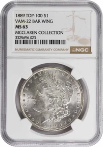 1889 VAM 22 Morgan Silver Dollar Bar Wing MS63 NGC - Picture 1 of 2