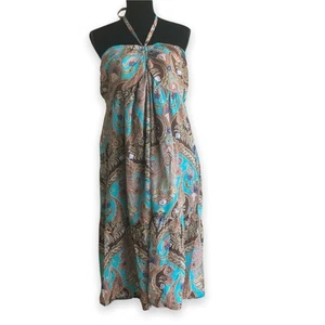 Maternal America Womens Dress Size XL Teal Brown Paisley Halter Maternity NEW - Picture 1 of 5