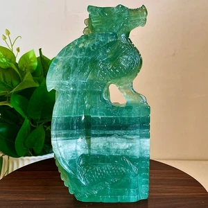 6.41LB Natural green fluorite dragon quartz crystal carved with spiritual heali - Picture 1 of 14