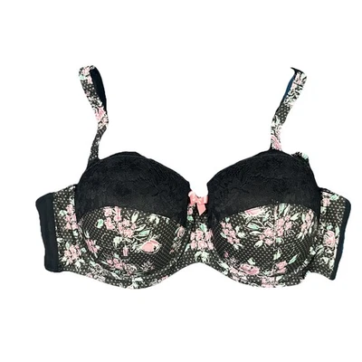 Adore Me Women's 36D Balconette Floral Polka Dot Bra Black Lace Dainty Bow Sexy - Image 1 of 4