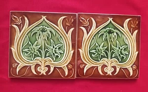 2 Piece Old Art Deco Floral Design Embossed Majolica Ceramic Tiles England 0548 - Picture 1 of 9