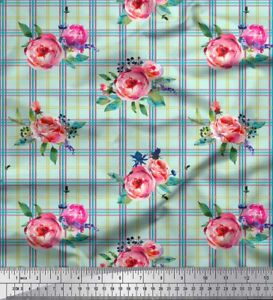 Soimoi Green Cotton Poplin Fabric Check & Floral Print Fabric by-li9