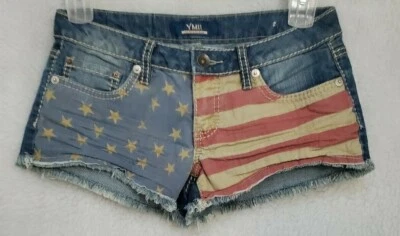 YMI Juniors Womens Shorts Size 5 Blue Red Beige American Flag Jean Cut Off LOOK - Image 1 of 4