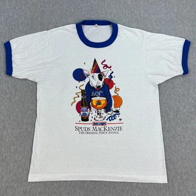 Vintage Spuds Mackenzie Ringer T Shirt Mens L Screen Stars Bud Light 80s USA - Image 1 of 4