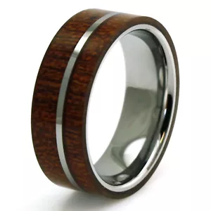 Titanium Mahogany Wood Overlay Pipe Cut Mens Wedding Band 8MM | FREE ENGRAVING - Picture 1 of 2