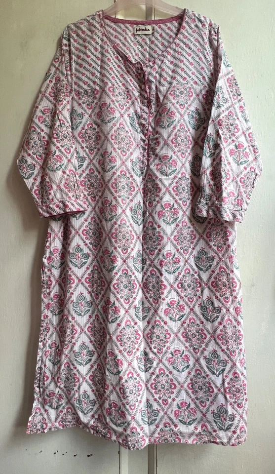 FABINDIA Kaftan Dress XXL Pink Green Floral Hand Block Print Cotton Midi Length - Image 1 of 4