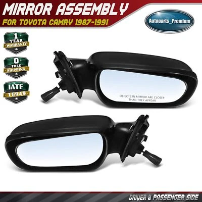 Left & Right Smooth Black Manual Mirror w/ Manual Remote for Toyota Camry 87-91 - Image 1 of 4
