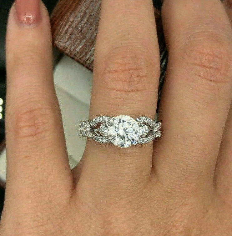 Anillo de compromiso de oro blanco sólido de 14 k con diamantes de corte redo... - Imagen 1 de 3