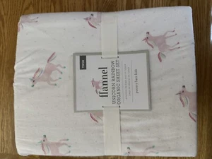 NEW Pottery barn kids Organic Flannel Rainbow Unicorn TWIN Sheet set Pink Horse - Picture 1 of 4