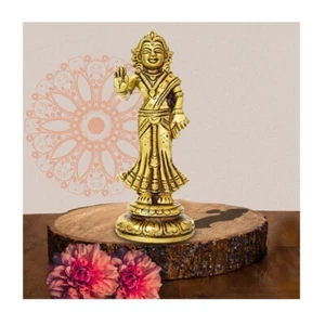 Brass Radharani standing on round base; height- 14 cm - Picture 1 of 4