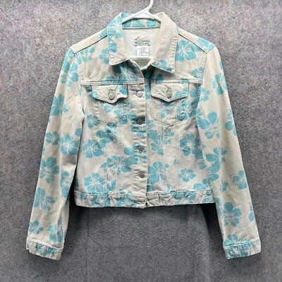 Jaqueta jeans feminina vintage Ralph Lauren bege médio azul floral bicicleta havaiana - Imagem 1 de 4