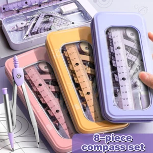 8-Piece Set Of Measuring Rules Students Including Compass Measuring Angle Rulers - Afbeelding 1 van 15