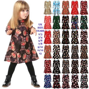 Kids Christmas Party Skater Swing Dress Girls Long Sleeve Santa Claus Dresses - Picture 1 of 78