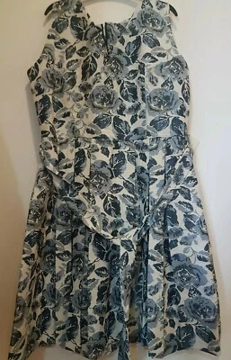 Nuevo Mujeres Niñas Floral Marino Jacquard Midi Ajuste-Llamarada Plisado Baile de graduación Fiesta Reino Unido 14 Foto 1 de 4