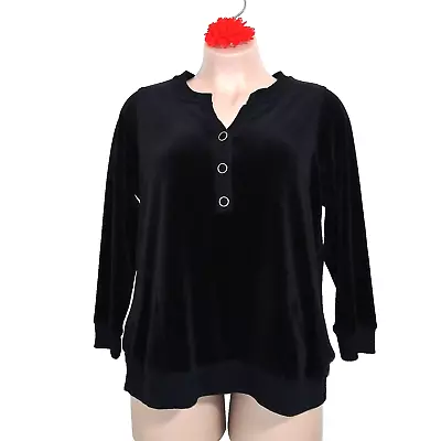 Avenue Women Velour Sweatshirt Top 18 20 Black Velvet Comfort Athleisure Soft - Image 1 of 4
